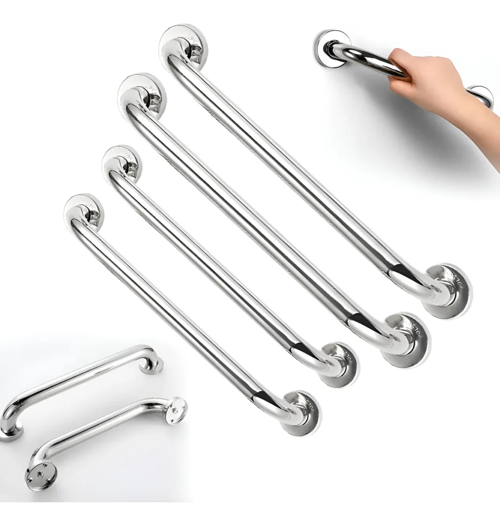 Conjunto de barras de apoio tubulares de metal brilhantes posiciona da forma desejada e com tamanho variável, mostrando as flanges de fixação com canoplas de acabamento que escondem os parafusos