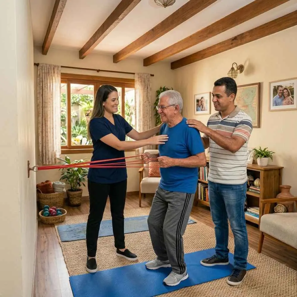 Uma faixa elástica extensora para exercícios de fisioterapia e fortalecimento muscular, sendo segura pelas mãos de uma pessoa idosa em um ambiente iluminado, ideal para treinos de baixo impacto e reabilitação na terceira idade.