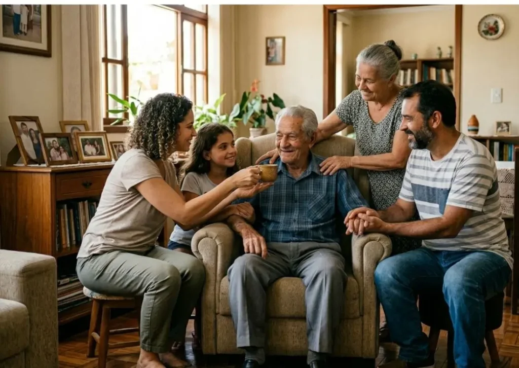 família cuidando de idoso com todo amor e atenção, cuidando de quem ja cuidou da gente