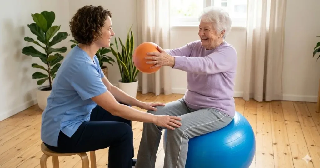 Fisioterapeuta auxiliando uma senhora idosa a fazer exercício de equilíbrio sentada em uma bola de pilates azul na sala de casa.