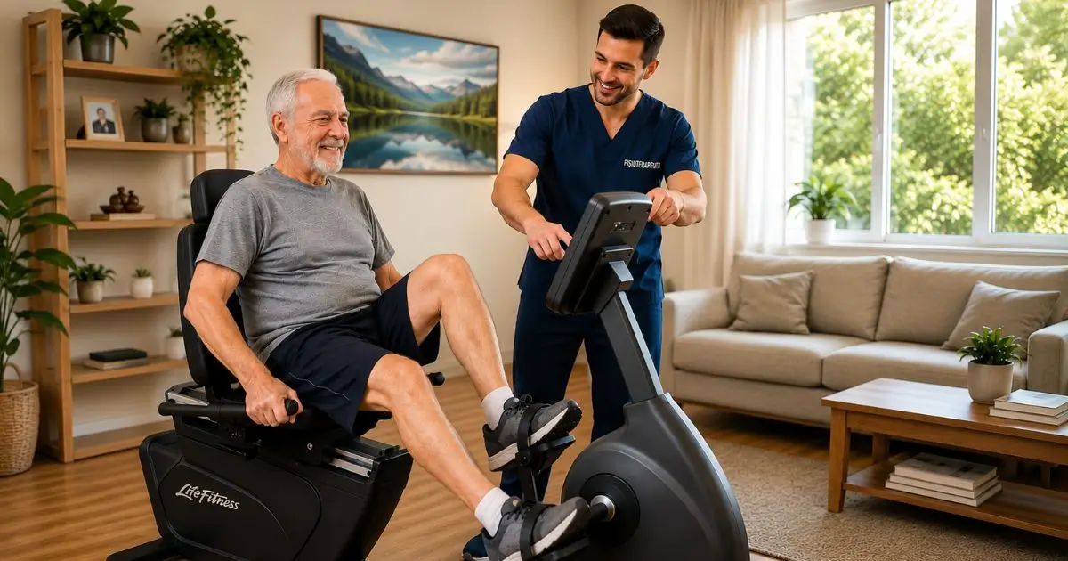 Idoso sorridente fazendo fisioterapia em uma bicicleta ergométrica horizontal com o auxílio de um profissional em uma sala iluminada.